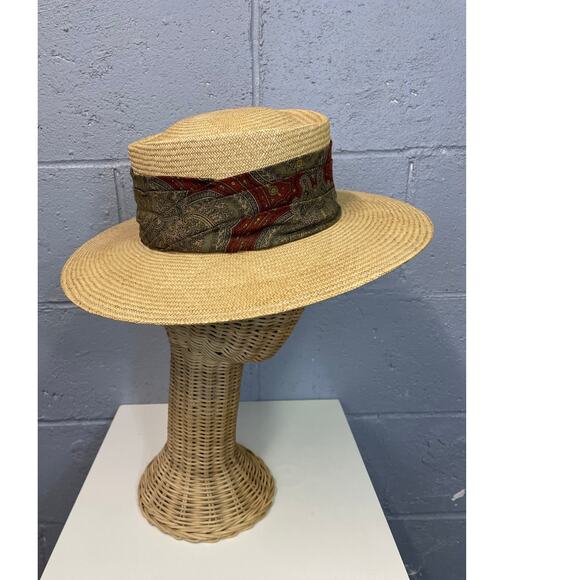 Vintage 1980s Natural Straw Fedora Sun Hat Bloomingdales Italy Silk Paisley main image 10